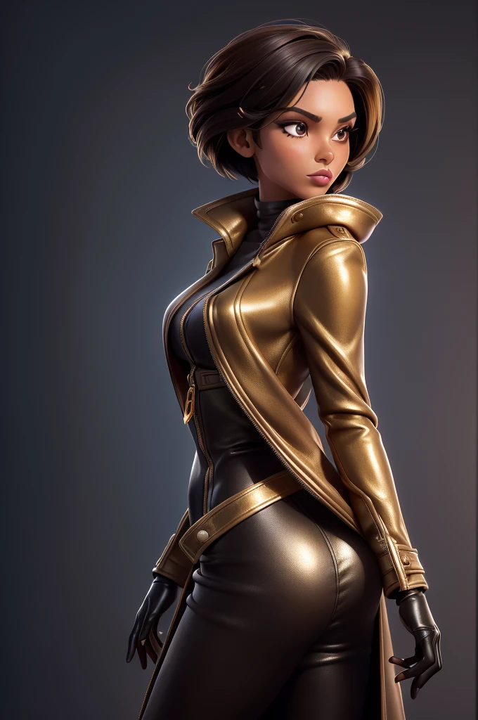 obra prima, melhor qualidade, ((only one woman,)) ((michelle malkin, dark black skin, short brown bob hair, heavy makeup eye shadow)) (((wearing liquid gold leather long overcoat,))) (((overcoat is zipped up, overcoat covers waist and ass,))) ((overcoat has padded shoulders,)) ((overcoat has stiff high collar,)) ((gold leather gloves,)) body is very skinny, ((standing up, arched back, sexy pose,)) (((camera side view, view of high upper body,))) shallow depth of field, highres, HD, 8k, anatomically correct
