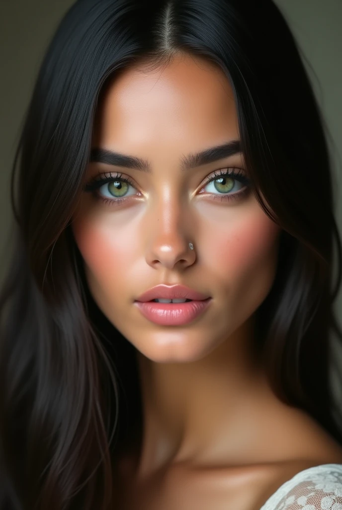 beautiful arabic girl, only face, ultra realistic, little bit of makeup, big lips, green eyes, straight hair