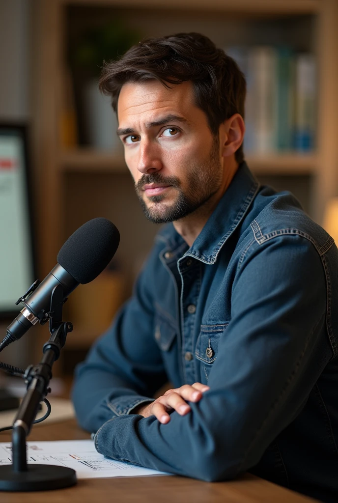 a 42 year old man, with a goatee, light brown skin color, somewhat prominent ears, brown eyes and slightly drooping eyelids, well-formed mouth, Short black hair, sitting at a desk in front of a microphone and podcast equipment.