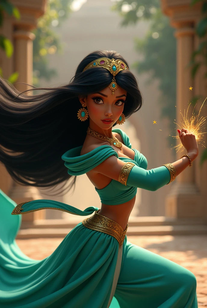 Stunning Princess Jasmine, photo in 8k, in action, cinematic.