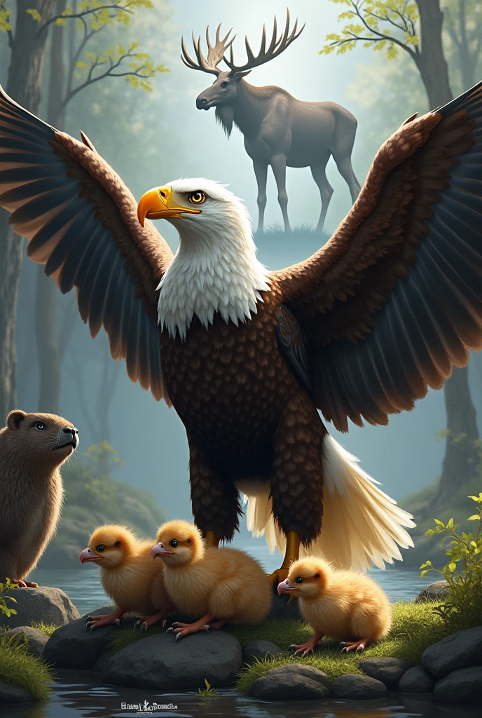 American eagle with wings spread as a character and her chicks ,Em primeiro plano , a moose as a watermark and a beaver.