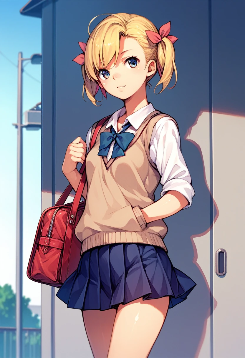 1girl, solo, standing, school uniform, blonde hair, short twintails, hair ribbon, Chiro