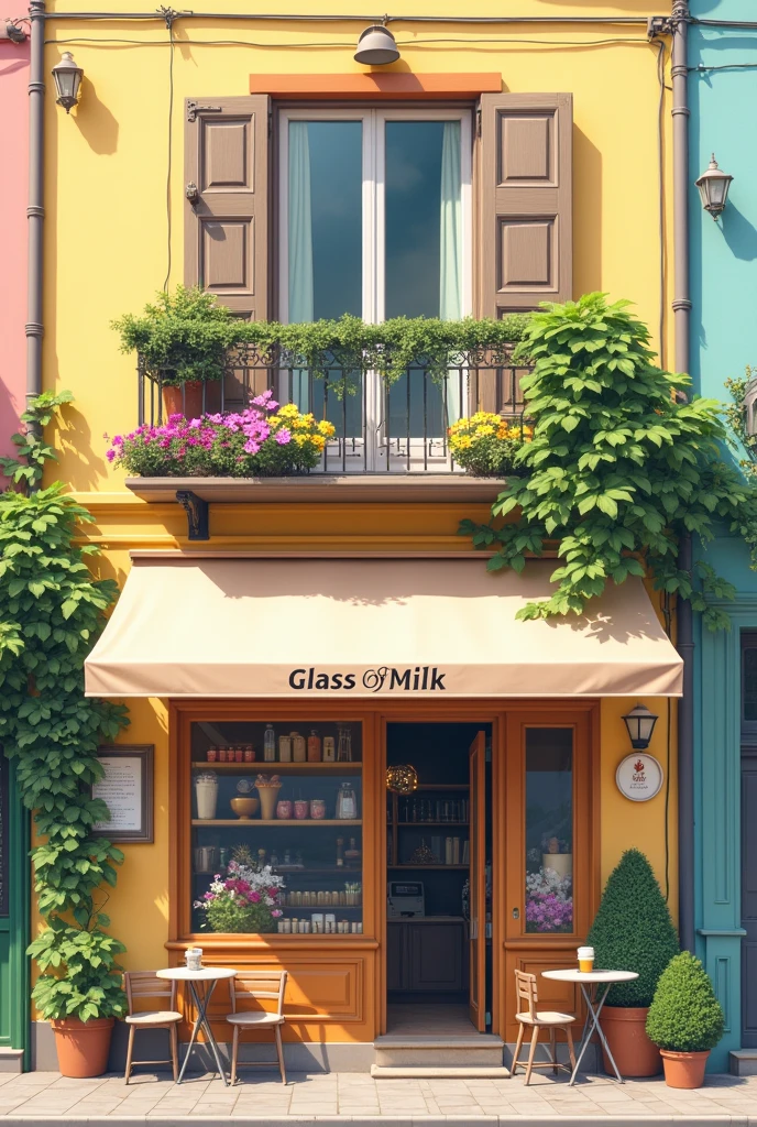 Facade of a coffee shop and flower shop called "glass of milk", two tables outside, the color of the cafeteria is light yellow, on the 2nd floor there is a balcony of an apartment, with two chairs and several flowers on the threshold