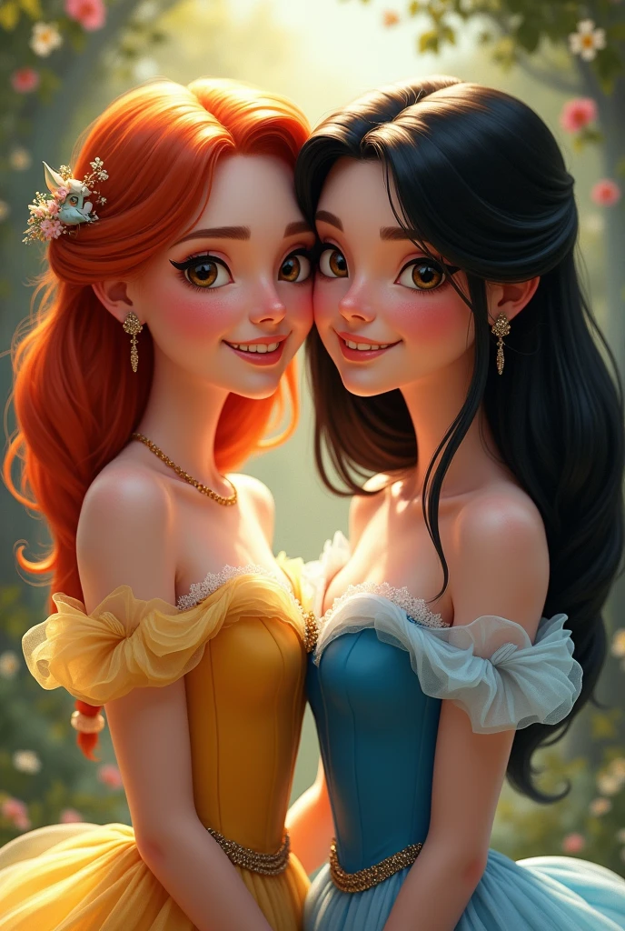 Pass me two girl friends, one of them is a redhead with fair skin and the one with black hair has fair skin..  smiling at the camera . They both have dark eyes, and puts both of them in proper dresses , Disney  style