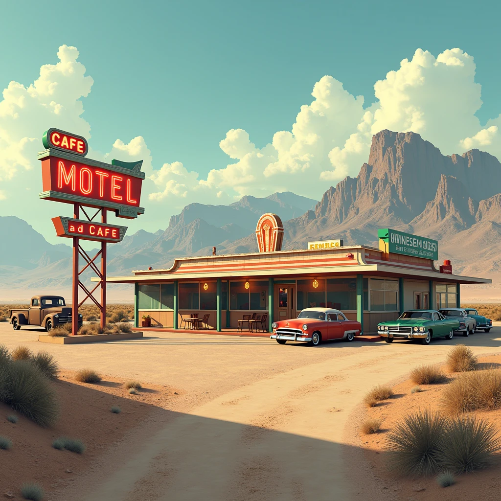 a classic roadside motel and cafe. The setting suggests a desert landscape with mountains in the distance, lending a sense of adventure and a vintage Americana vibe
