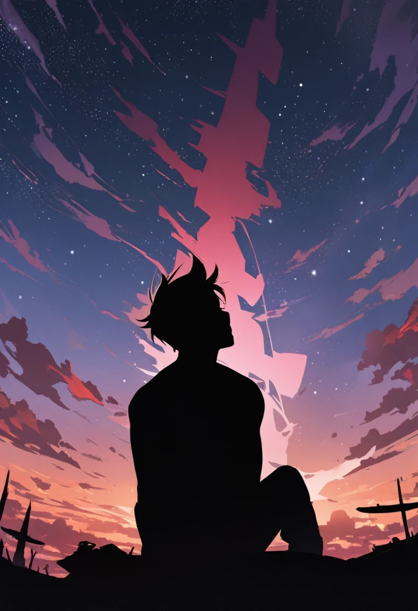 Highest quality,masterpiece,Ultra-high resolution,One Boy、Gurren Lagann、simon、Under a star-filled sky、silhouette、Sit back and look up at the sky、I have a small drill、Gainax-like depiction