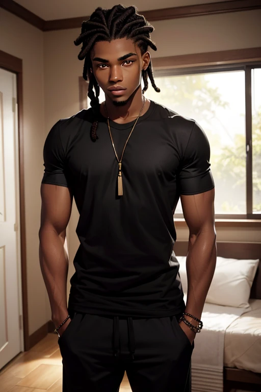 Noah is a 19-year-old african man with dark eyes and carefully manicured two-strand twists. He wears a black t-shirt and pants.