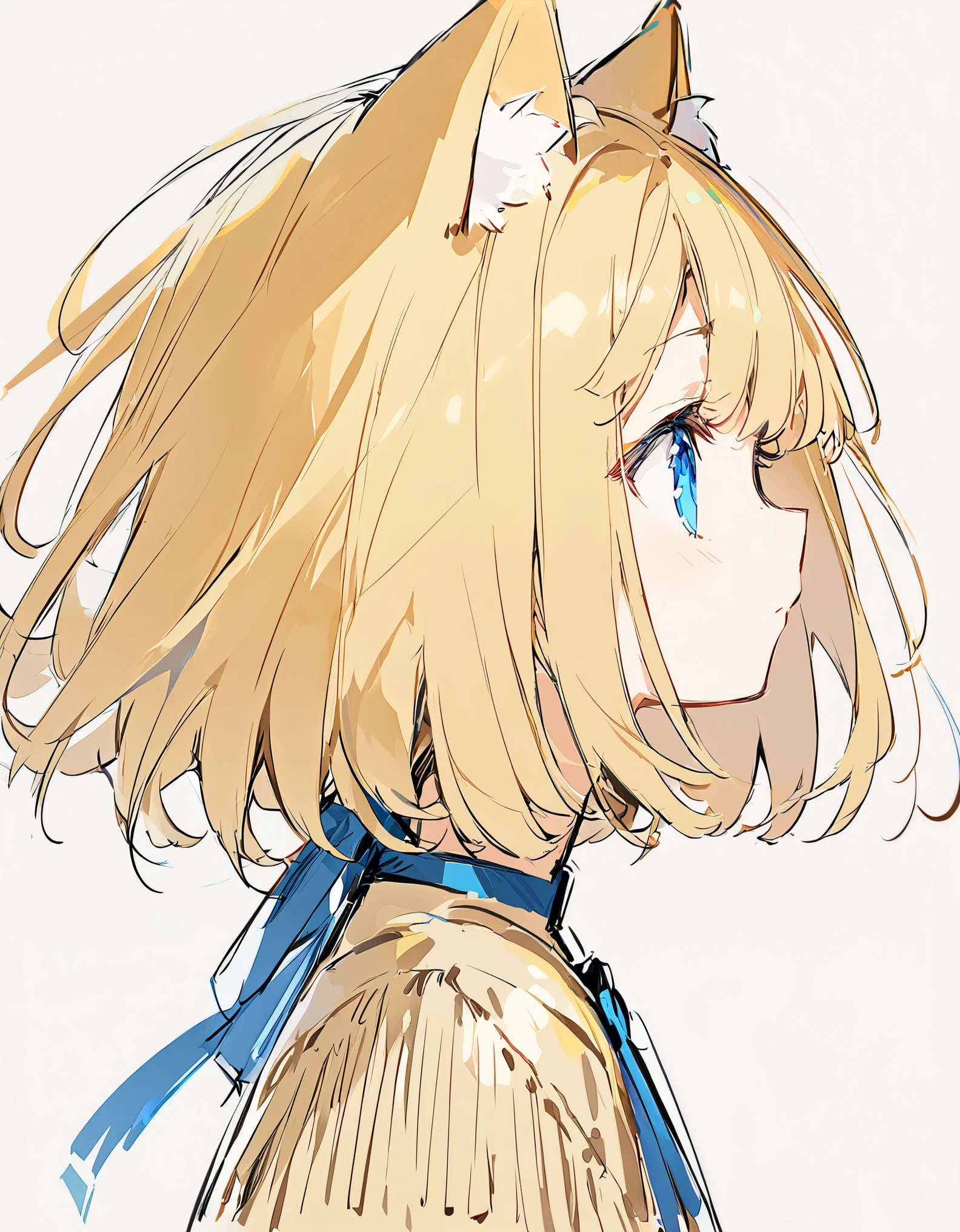 1 girl, (Sketches), (close), (Small body), (Golden cat ears), (Cute cat ears),Golden Hair, (Short Bob Hair:1.4), (Blue eyes), (Big Hair) , (fringe), (More about the Strand), (White Background), (profile)