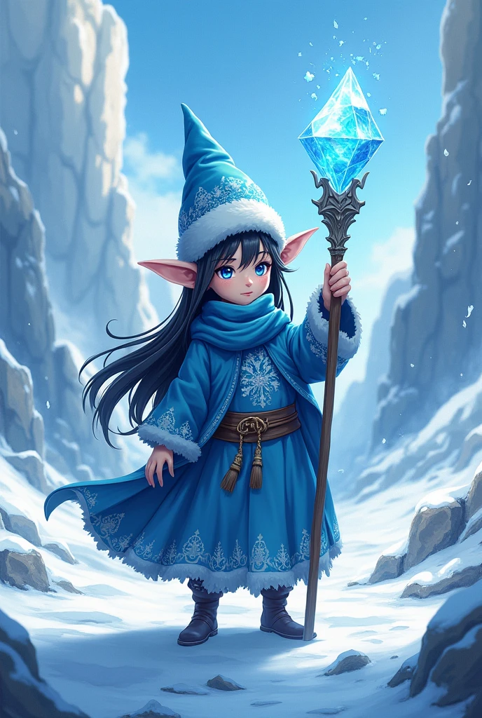 An anime-style gnome ice mage with white skin, long black hair, blue eyes, an ice crystal staff, a blue tunic, and a Russian ushanka hat