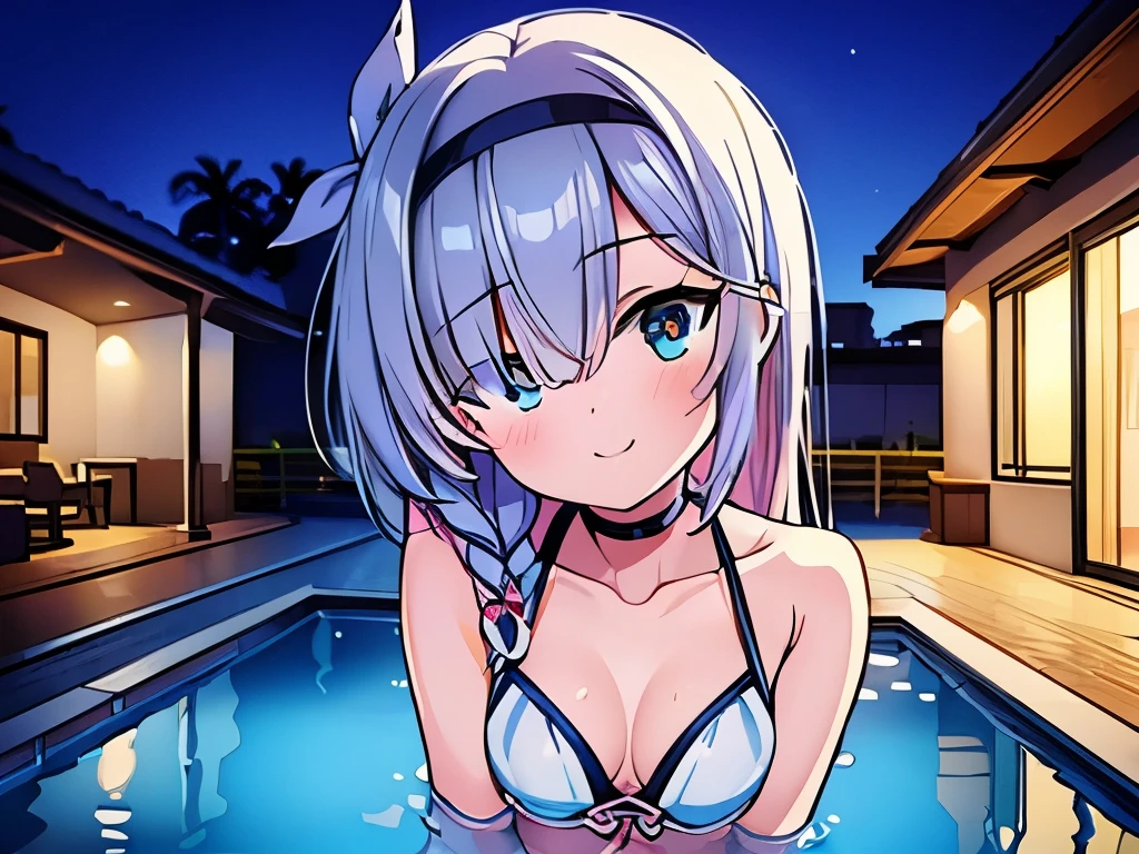 ((masterpiece)), ((best quality)), (ultra-detailed), pool, night, a cute girl, 1girl, solo, bikini, ((beautiful eyes)), smile