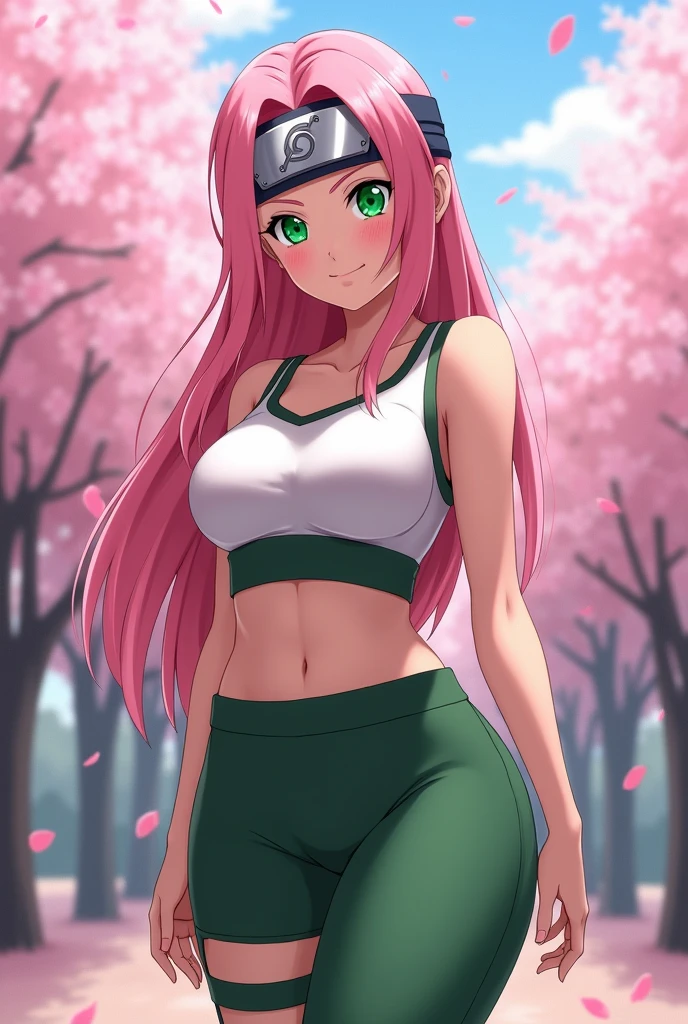 head of'artwork, La meilleure qualité au mieux, 1fille, sakura haruno, mediuml breasts, ssmile,with pink hair, cheveux longs et blancs, (Globes oculaires verts:1.4), Protection du front, the cherry trees,Flying cherry blossoms,Thigh slit, green short tight pants , tenue du corps, Tight Short Pants,