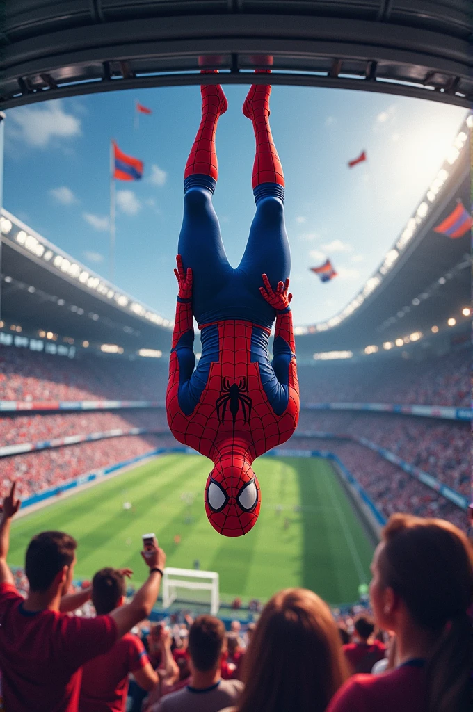 Spiderman hanging upside down watching football game in a stadium