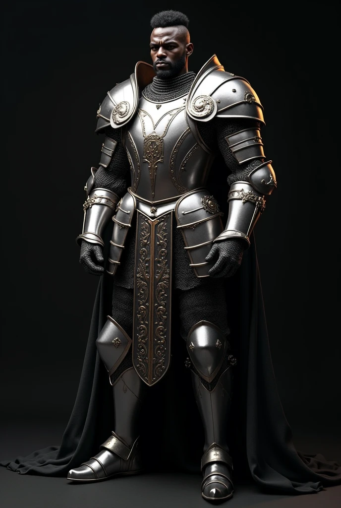 3d black african man wearing a silver knights armor against a black background