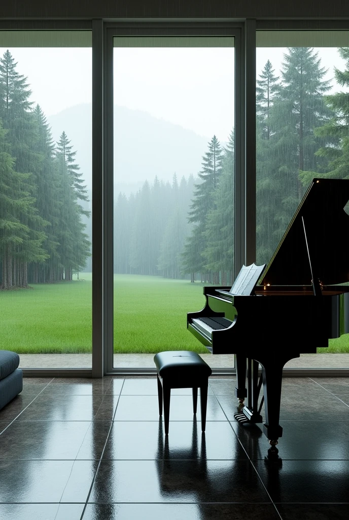 A spacious living room with a black grand piano and glass doors overlooking a lawn with tall pine trees and rain