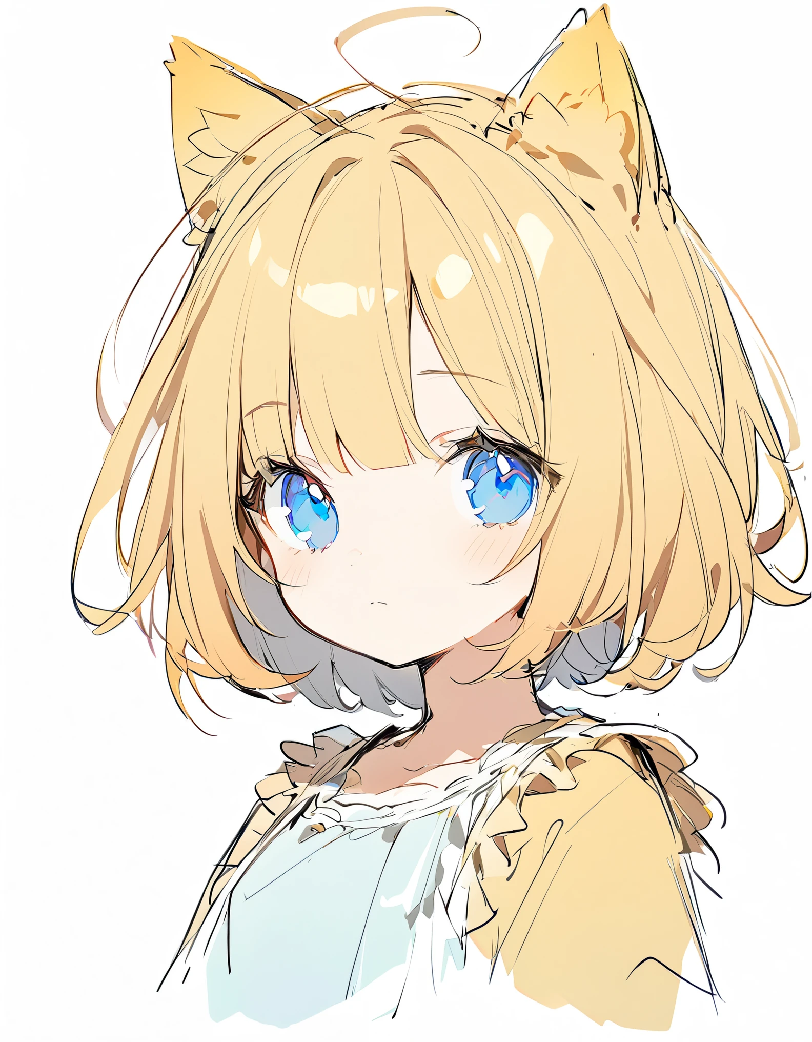 1 girl, (Sketches), (close), (Small body), (Golden cat ears), (Cute cat ears),Golden Hair, (Short Bob Hair:1.4), (Blue eyes), (Big Hair) , (fringe), (More about the Strand), (White Background),