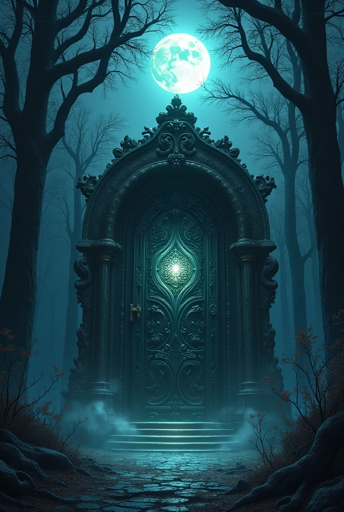  an image of a mysterious door in a dark and night forest. 