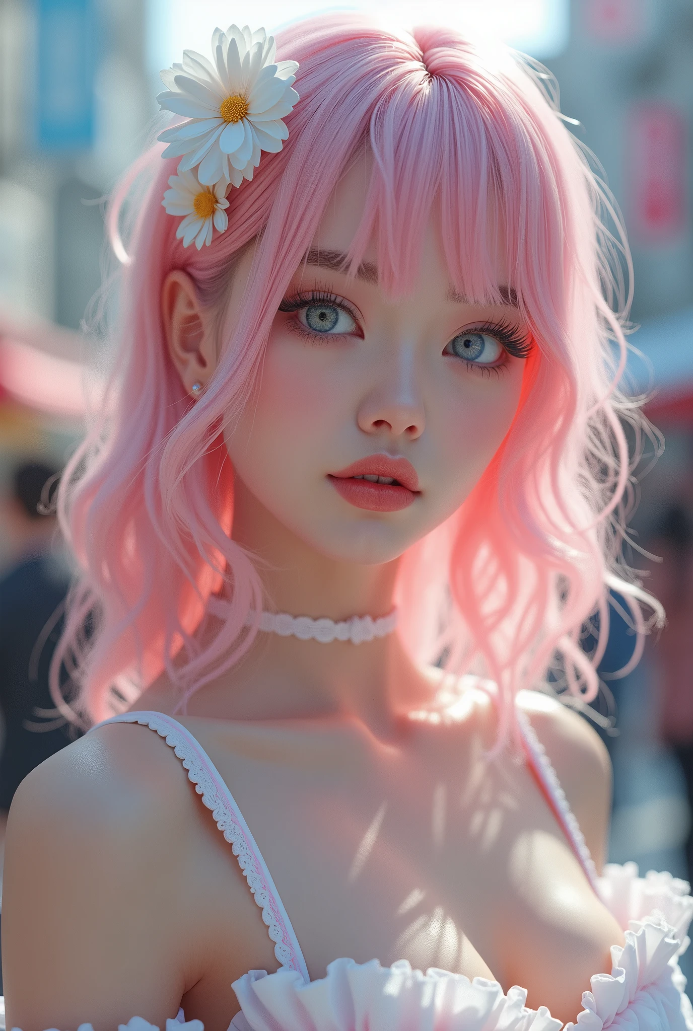 close up hyper-realistic photo of a beautiful korean girl, full body, soft mint pink hair, blue eyes, sailor moon, corset, white tight clothing, thigh-highs, bubble butt, starlight, cotton candy, ta fashion, thighs, artstation, trending, ultra HD, 4k, detailed anatomy, (shiny skin), ((oiled skin)), dramatic lighting, high contrast, skin indentation, delicate, high quality unreal engine 5, pretty korean, ultra realistic style, detailed face, flower accessory, crowded street, soft pastel background color, colofUnreal Engine 5, Cinematic, Color Grading, portrait Photography, Ultra-Wide Angle, Depth of Field, hyper-detailed, beautifully color-coded, insane details, intricate details, beautifully color graded, Unreal Engine, Cinematic , Color Grading, Editorial Photography , Photography, Photoshoot, Shot on 70mm lens, Depth of Field, DOF, Tilt Blur, Shutter Speed 1/1000, F/22