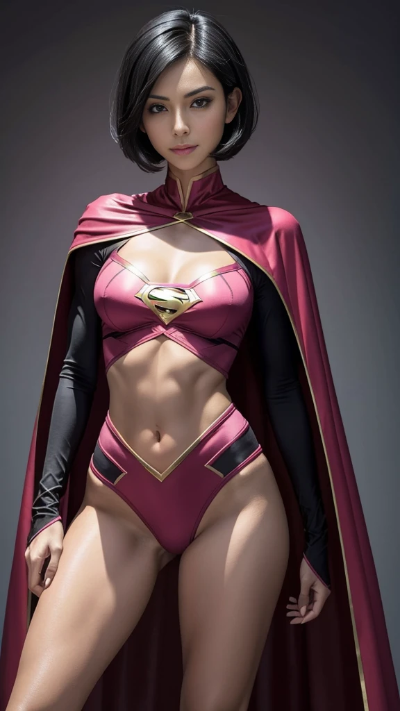 Short skinny Adalgusto Beltraz, short black hair, (flat chest), (exposed flat tummy), slight smile, round butt, tight superheroine pink costume and cape