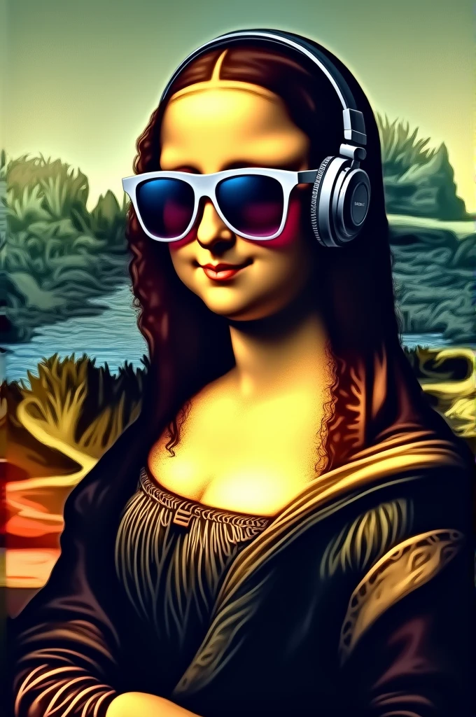 Monalisa with sunglasses and headphones
