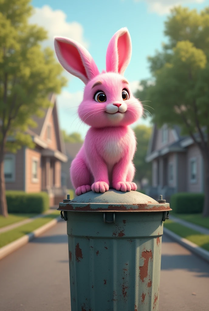 A pink rabbit on top of a garbage can in a neighborhood