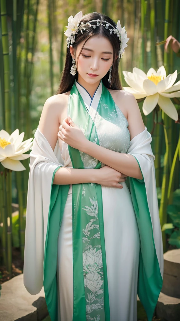 "- **Prompt:** ""Create an image of the Taoist deity Guan Yin, the Goddess of Mercy and Compassion. She should be depicted with a serene expression, wearing flowing white robes adorned with intricate silver patterns. Her multiple arms should be gently extended, holding symbols of kindness such as lotus flowers and healing herbs. The background should feature a peaceful, misty landscape with bamboo groves and a calm, flowing river."""