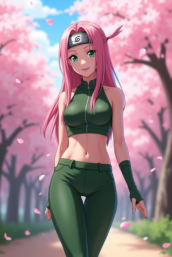 head of&#39;artwork， La meilleure qualité au mieux， 1fille， sakura haruno， mediuml breasts, ssmile，with pink hair， cheveux longs et blancs， （Globes oculaires verts:1.4)， Protection du front， the cherry trees，Flying cherry blossoms，Thigh slit, green short tight pants , tenue du corps, Tight Short Pants,