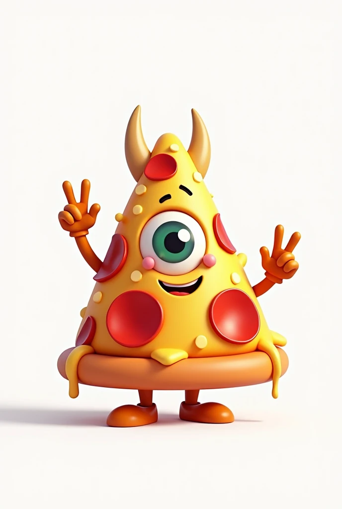 **Slice of CARTOON STYLE animated pizza that looks pretty and has a very serene appearance, WITHOUT A FACE, just one eye in the center of an inverted triangle or with the vertex pointing up, NOT CREEPY OR TERRIFYING, with melted cheese. The triangular slice resembles the Illuminati symbol, and in one hand, it is clearly making the rock horns gesture.** It looks like a cartoon, with amazing 4k quality colors, a white background, and well-cast shadows where they need to be. Let it be a pepperoni pizza that is standing, with melted cheese.