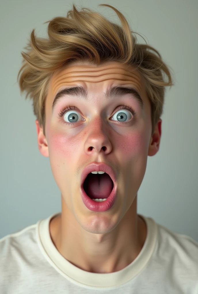 Young man with red cheeks and a shocked face, white and blonde, the hair has bangs like justin bieber

