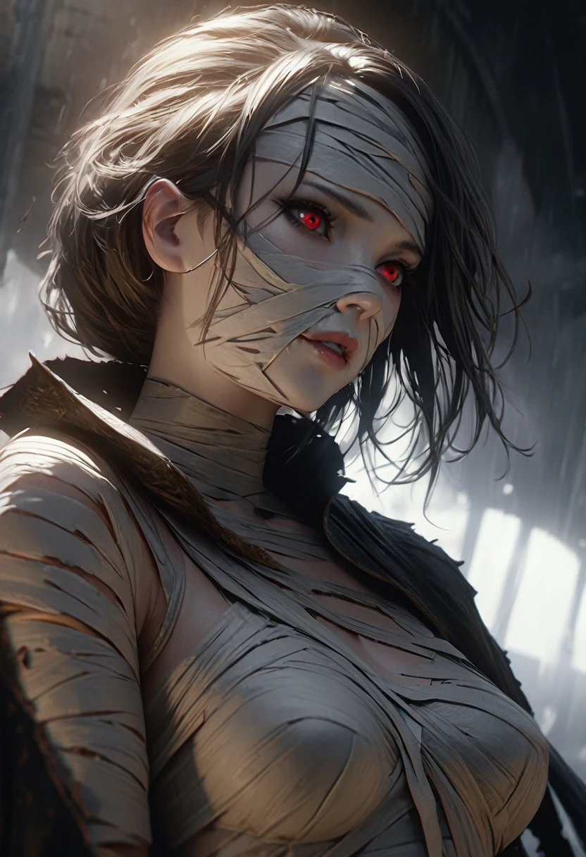 a girl mummy, in a black cloak, with a porcelain white mask, and red eyes, highly detailed, intricate details, porcelain skin, dramatic lighting, dark fantasy, cinematic, masterpiece, hyperrealistic, octane render, ultra detailed, photorealistic, award winning, artstation, ao3d, sharp focus, cinematic composition, moody atmosphere