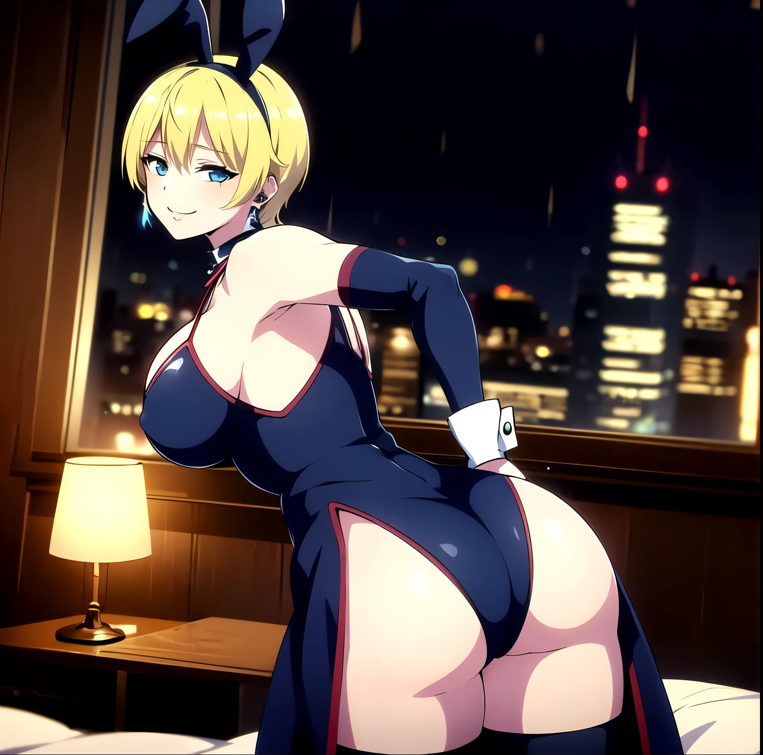 ((1girl)),((alone)),Tenka Izumo, (mato seihei no slave),(masterpiece), (best quality), (ultra detailed), (best illustration), (best shadow), (absurdities) , sharp focus, cowboy shot, atmospheric perspective, depth of field, dynamic posture looking at viewer, big breasts, narrow waist, wide hips, wide thighs, round butt, erotic, romantic, (very detailed eyes, lips 1.1), eyes very detailed, eyes, Very detailed face, Very beautiful face, Symmetrical face, Aesthetic face, perfect face, perfect eyes, detailed eyelashes: 1.5), full height, beautiful slim figure, femininity, expressive appearance, elastic big breasts, sexuality, lips half open, izumo, short hair, blue eyes, blonde hair, smile, thigh highs, jewelry, earrings, white hand wristbands:1.2, cleavage:1.3,(( dark blue playboy bunny costume:1.)), black pantyhose:1.3 , dark blue headband:1.2, dark blue fake rabbit ears:1.3, choker:1.4 , hand on hip, curves, defined body, Perfect and beautiful body, perfect and beautiful, closed mouth, flirtatious expression, smile, blushing, (sexy pose: 1.2), ((solo)), standing: 1.3, ((inside , room, bedroom, bed, window, cityscape, city, night, city lights, rainy landscape)), looking back, ((focus on rear:1.4)), point of view: (from below) , perfect anatomy, perfect hands