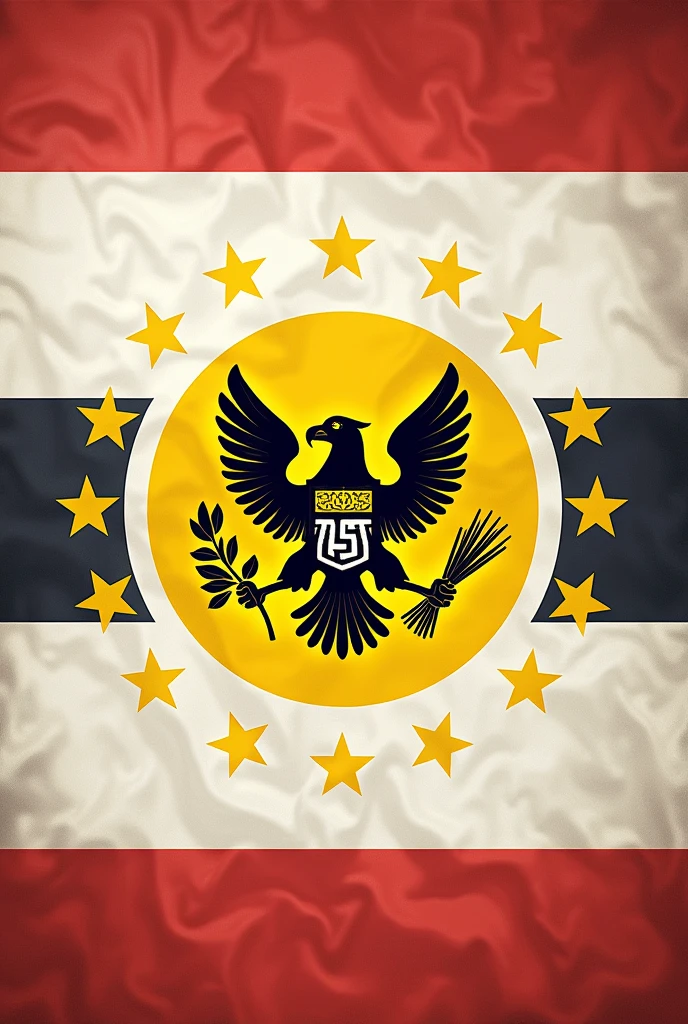 A flag with an emblem that contains elements of logic and reason,with also 38 stars and a small eagle.All this in white colors,Yellow ,red and black
