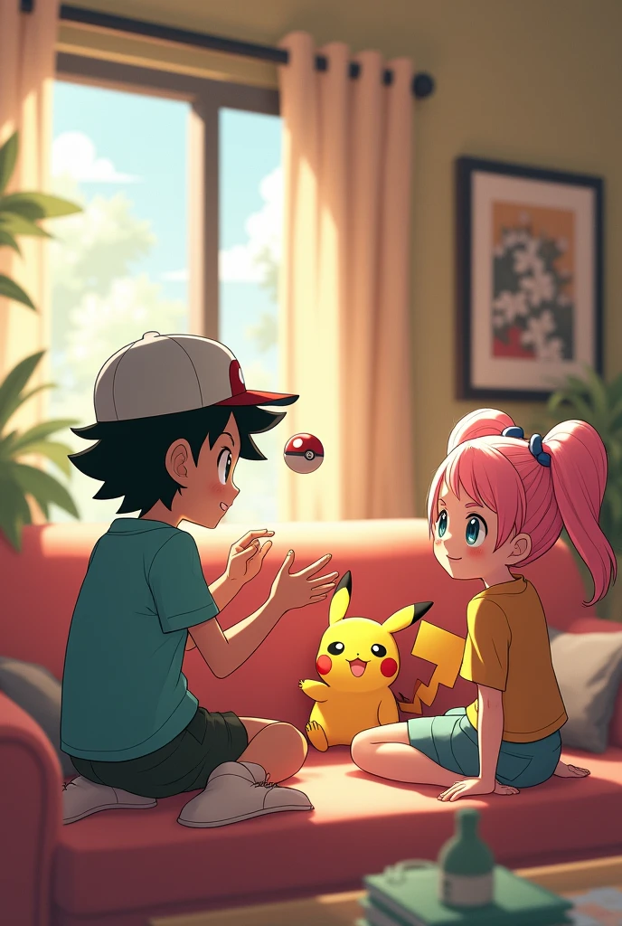 Draw an anime version of Ash with green eyes playing with pokeballs next to a girl in the living room .
The girl has two low pigtails and her hair is soft pink..
Let's see Pikachu sleeping on the couch
