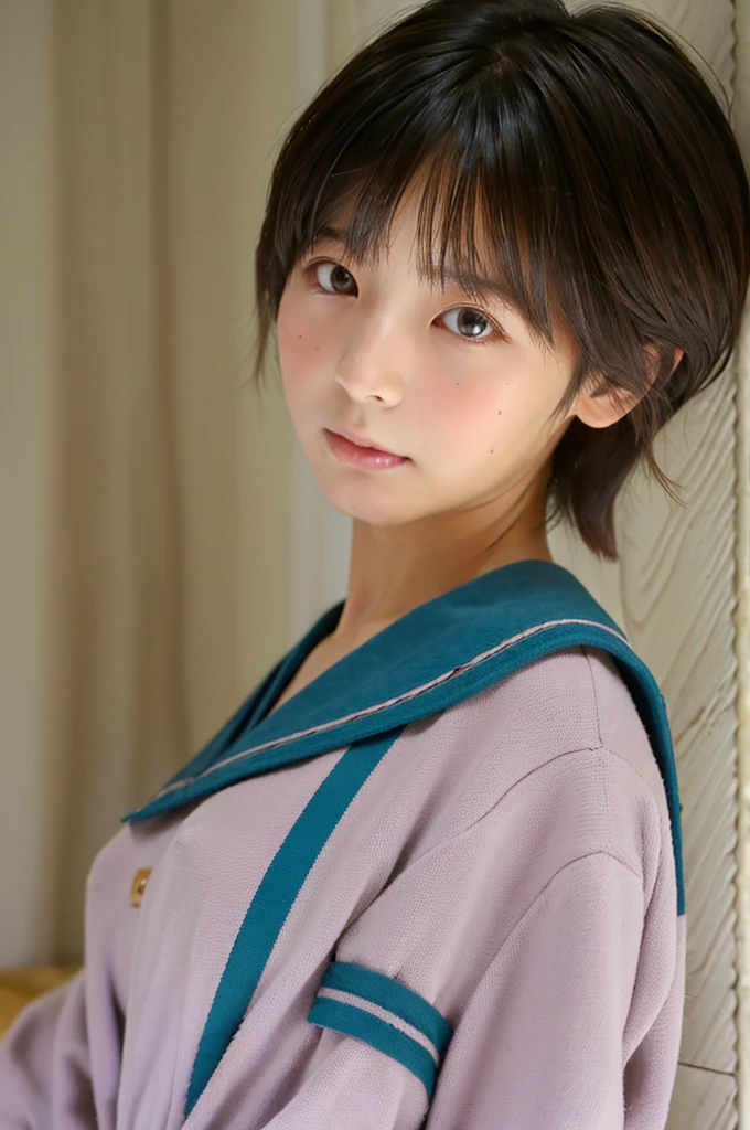 ((Highest quality, masterpiece :1.3)), Realistic、Ultra-high resolution、Natural skin texture、Hyperrealism、Nearby Movies、Beautiful Japan schoolgirl、Completely naked、nude、Rope bondage around the chest、Angry expression、Stylish bedroom、Small breasts、Underdeveloped flat chest、Flat chest、Pixie Haircut、School Uniform