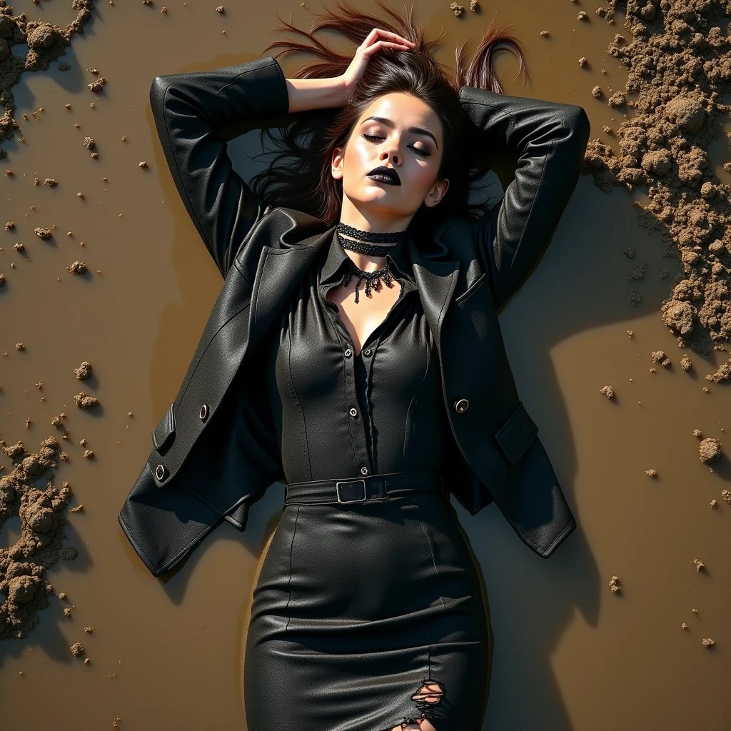 A super realistic photo of one business goth lady, exuding a slender, model-like appearance with long hair. She is dressed in long and black business pencil skirt made from cotton and wool, black dirty business jacket. vest, shirt, torn stockings, black choker on the neck. She located in very muddy and very flooded field. She lie on her backs and 2 elbows in flirtatious and provocative pose deep in the water and liquid mud, dips her head in the liquid mud and very tears her clothes and gets stuck in mud, but fully clothed in business skirt suit, she smear a lot of liquid mud on own clothes and torn it by hand. All her clothes is dirty, torn, ripped and sloppy, her skirt and jacket are very stained in a liquid mud and dirt. She look like have played in mud in a large swamp with brown liquid mud, her clothes covered with liquid mud from head to toe. The studio light brilliantly illuminates all her clothes in details, casting small shadows and emphasizing the texture of the mud on her clothes. Please focus on stains of liquid mud on her clothes. View angle of the camera from top and from backs of the business lady and rotated left.,