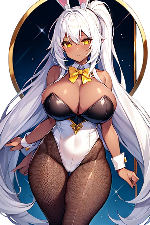1girl, white hair, long hair, dark-skinned female, dark skin, yellow eyes, breasts, huge breasts, bowtie, wide hips, thick thighs, bunnysuit, leotard, white bunnysuit, shy, timid, wavy mouth, ponytail, fishnets, fishnet legwear, gold trim,fishnet pantyhose, white leotard