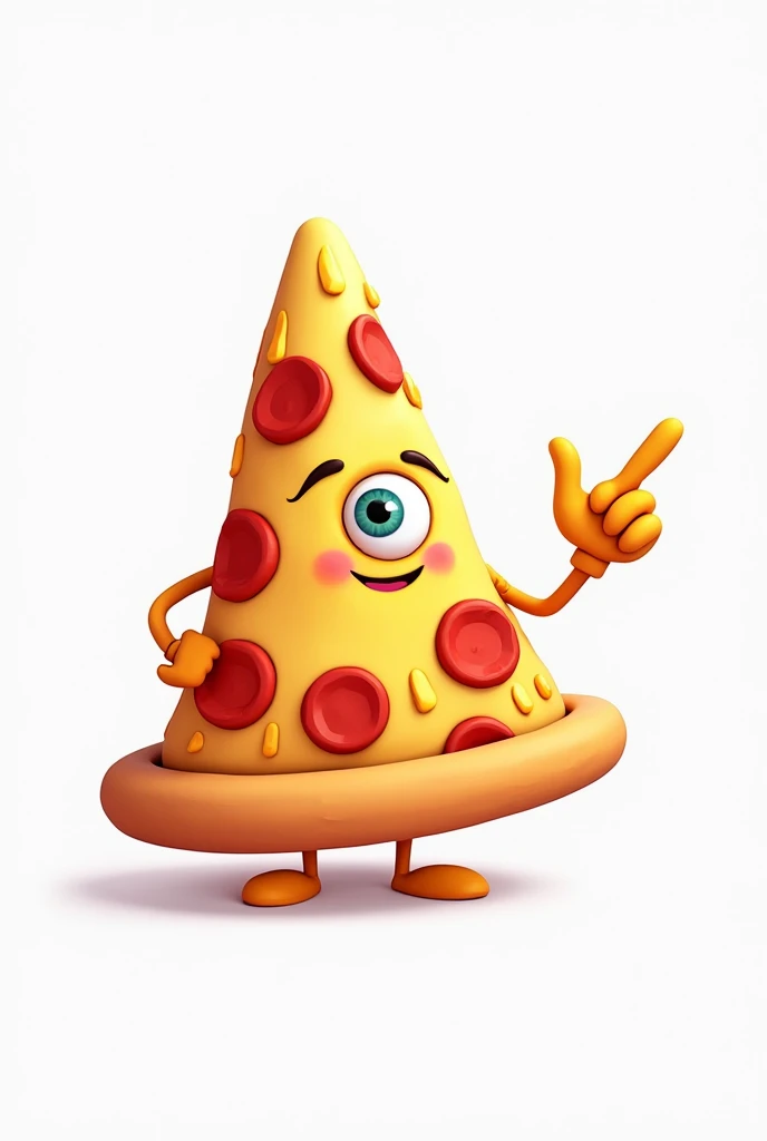 **Slice of CARTOON STYLE animated pizza that looks pretty and has a very serene appearance, WITHOUT A MOUTH, just one eye in the center of an inverted triangle or with the vertex pointing up, NOT CREEPY OR TERRIFYING, with melted cheese. The triangular slice resembles the Illuminati symbol, and in one hand, it is clearly making the rock horns gesture.** It looks like a cartoon, with amazing 4k quality colors, a white background, and well-cast shadows where they need to be. Let it be a pepperoni pizza that is standing, with melted cheese.