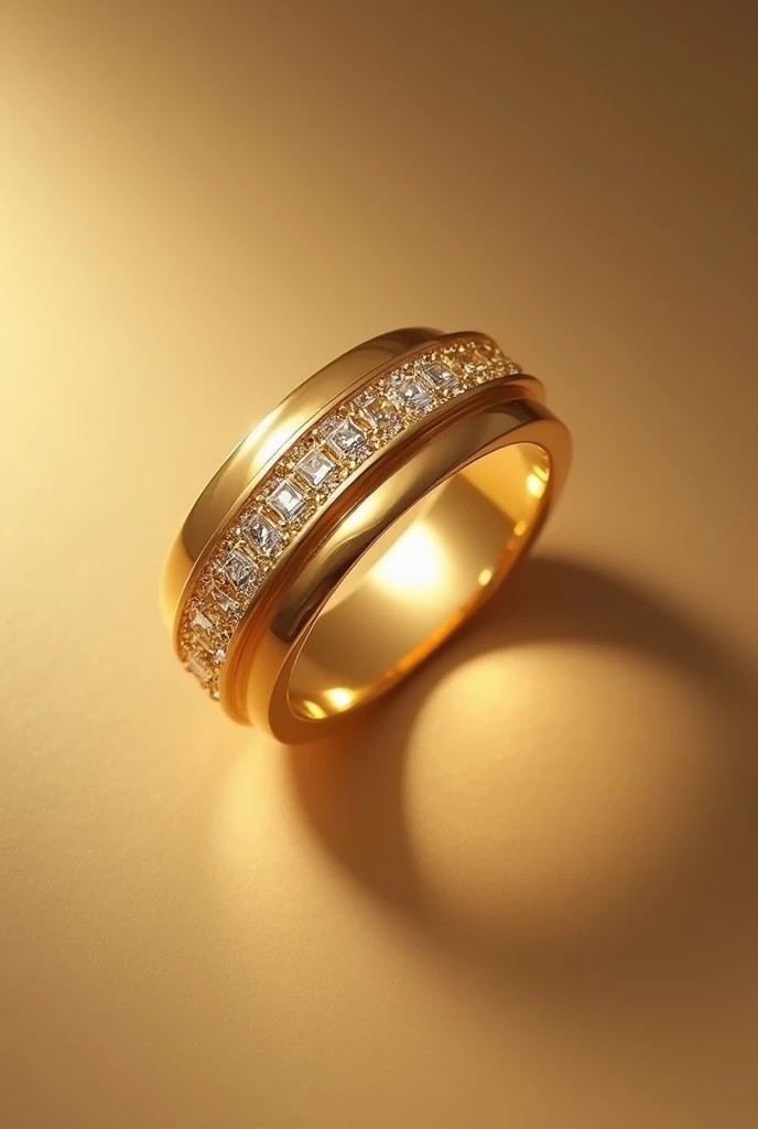 Tarjeta de presentación con anillo de oro brillante con un acabado suave y pulido, que refleja la luz con elegancia. El anillo tiene un diseño clásico y sofisticado. En el centro del anillo, está el logo de joyería NICE reluciente, perfectamente engastado, que capta la atención con su claridad y brillo. El contraste entre el cálido oro y el resplandor del diamante le da un toque lujoso y atemporal al anillo.