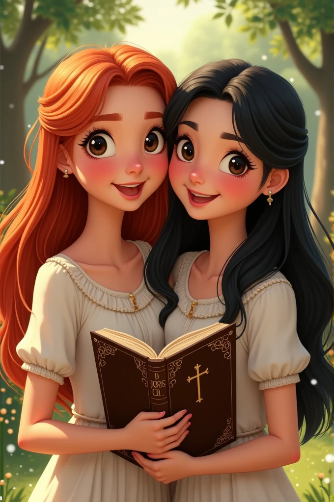 Pass me two sisters, one is a redhead with fair skin and one with black hair with fair skin, both have dark eyes, they are Christians, they are holding a Bible in their hand and smiling, make the images Disney style