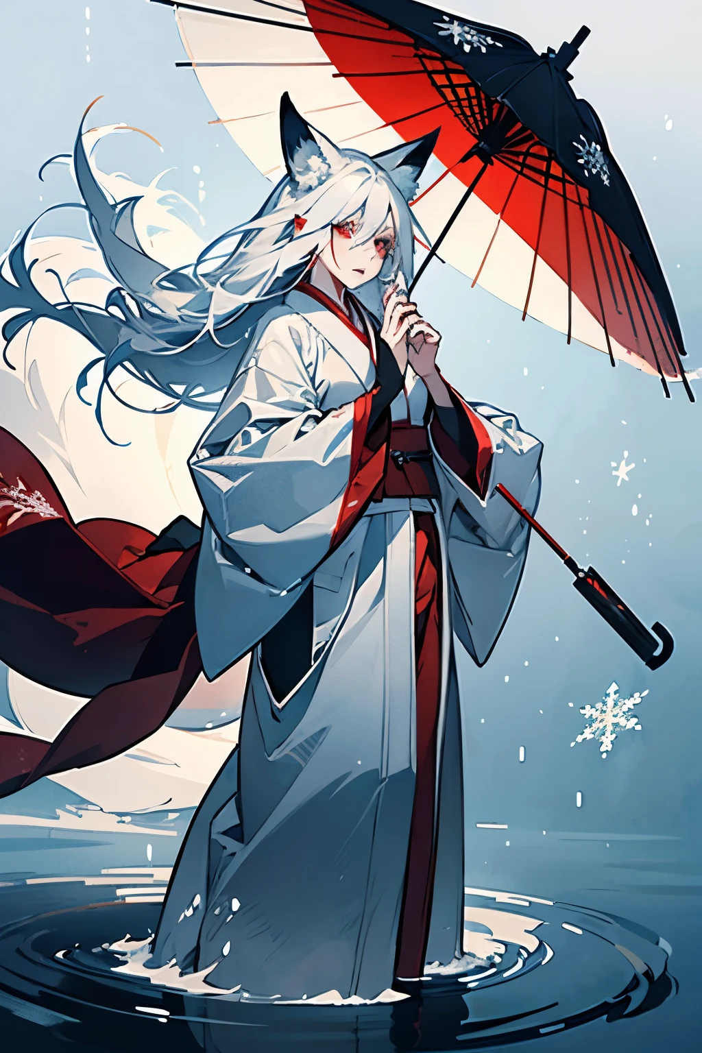 art of an adult female humanoid fox character, showing the whole body, holding a japanese umbrella, with a long animalistic snout, white coat with snowflakes highlighting, Eyes red, long white hair, big pointed nails painted red, wearing a black kimono, furry white fox ears, on a surface with slightly frozen crystal clear water.