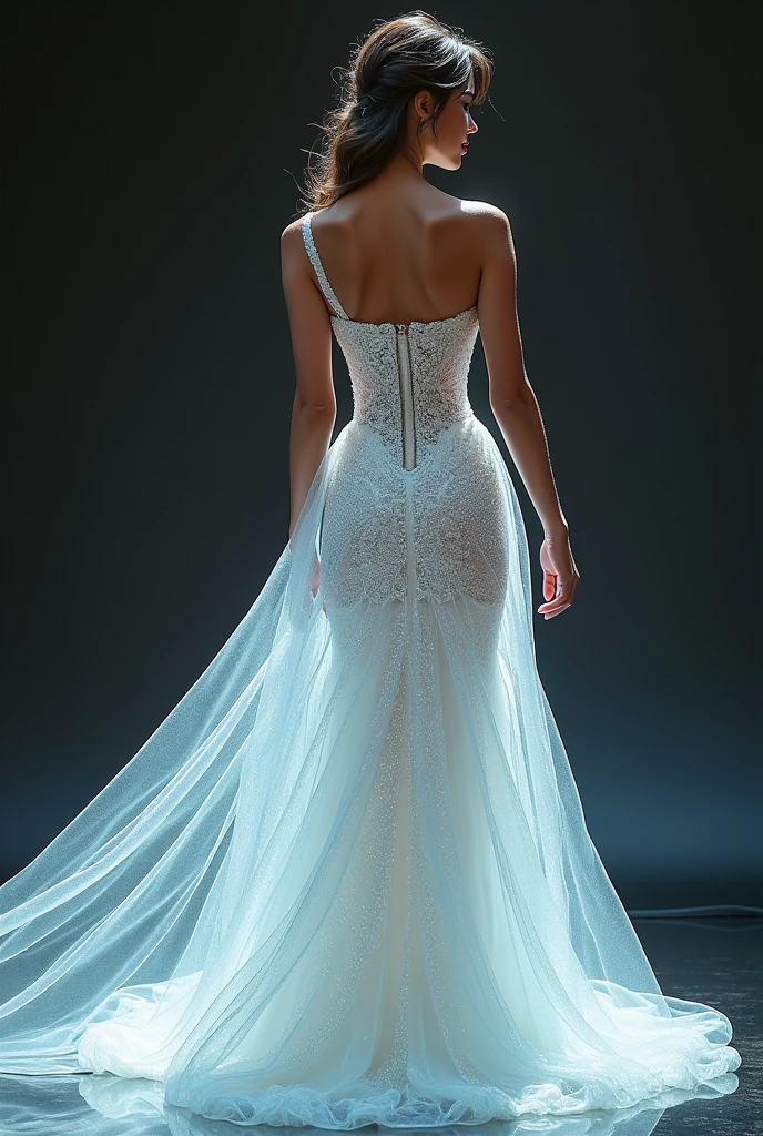 a blue prom dress with padding (corset style with lace), shine all over the dress, skirt with movement, shoulder strap (not very thin), fissure, marking the waist