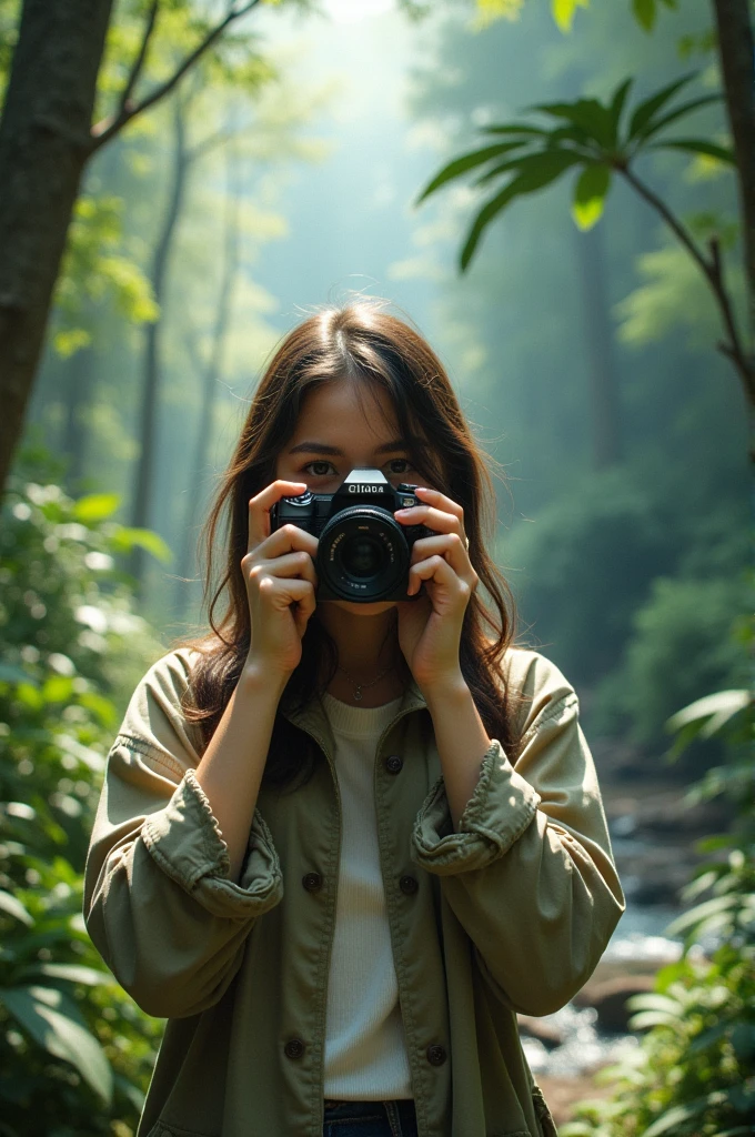 Woman taking a selfie in a beautiful realistic landscape