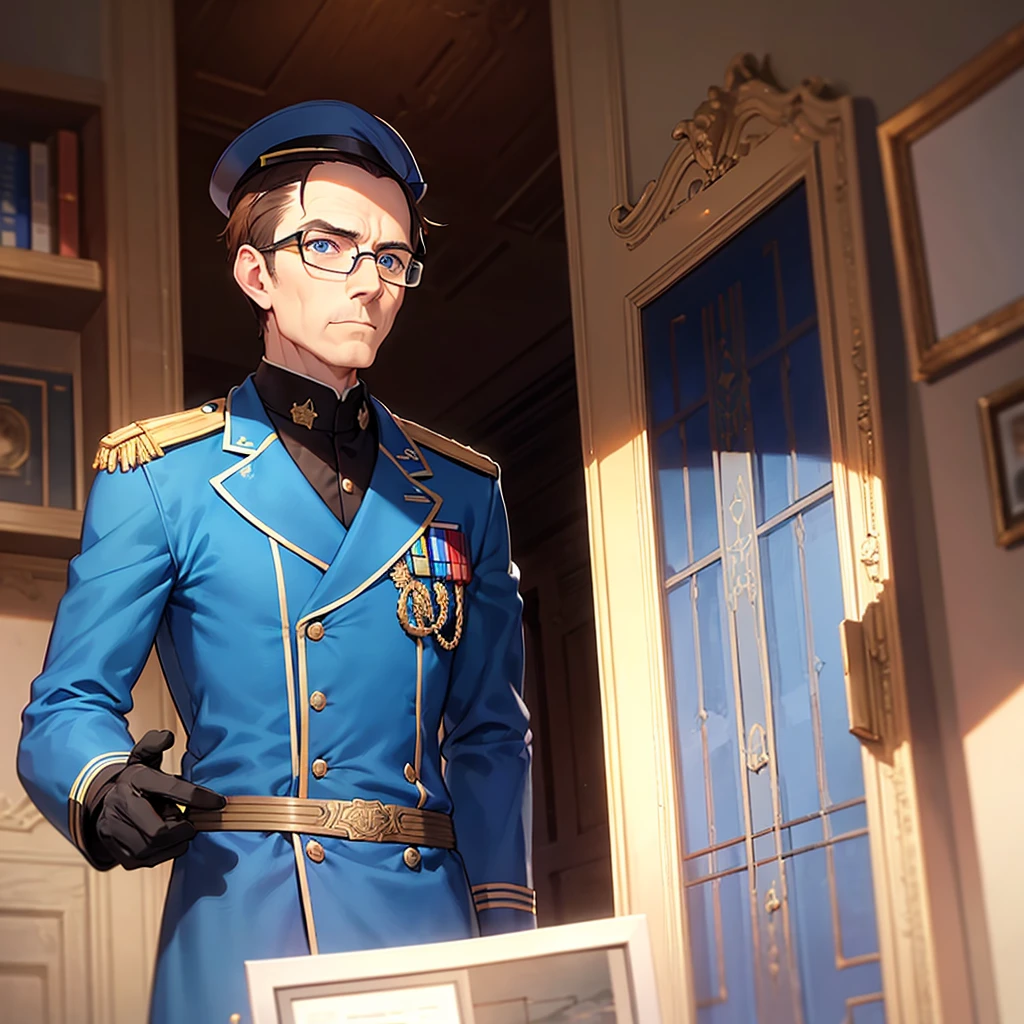 a military man Elderly, sky blue uniform, brown hair, blue eyes, circular glasses, black gloves, medals, epaulets, luxurious office, window, bookshelf, map