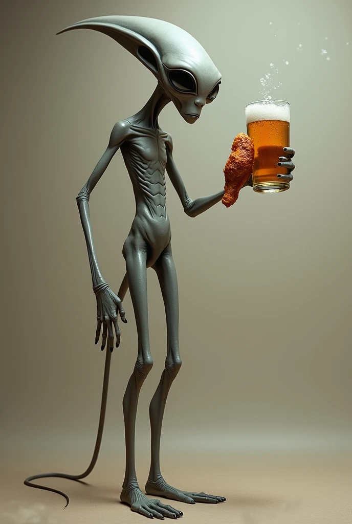 tall grey alien grabbing a hot wing and a beer

