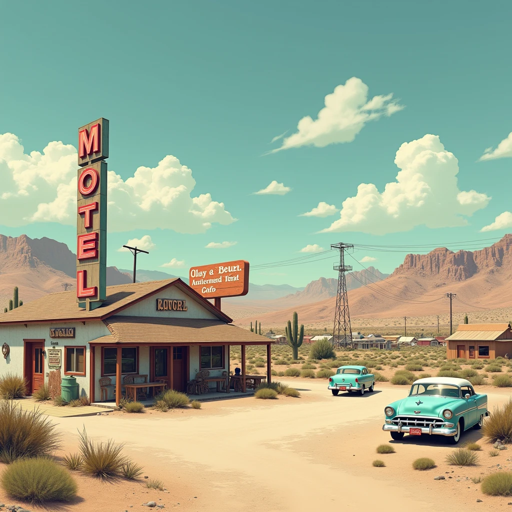 a classic roadside motel and cafe. The setting suggests a desert landscape with town in the distance, lending a sense of adventure and a vintage Americana vibe. Realistic photo
