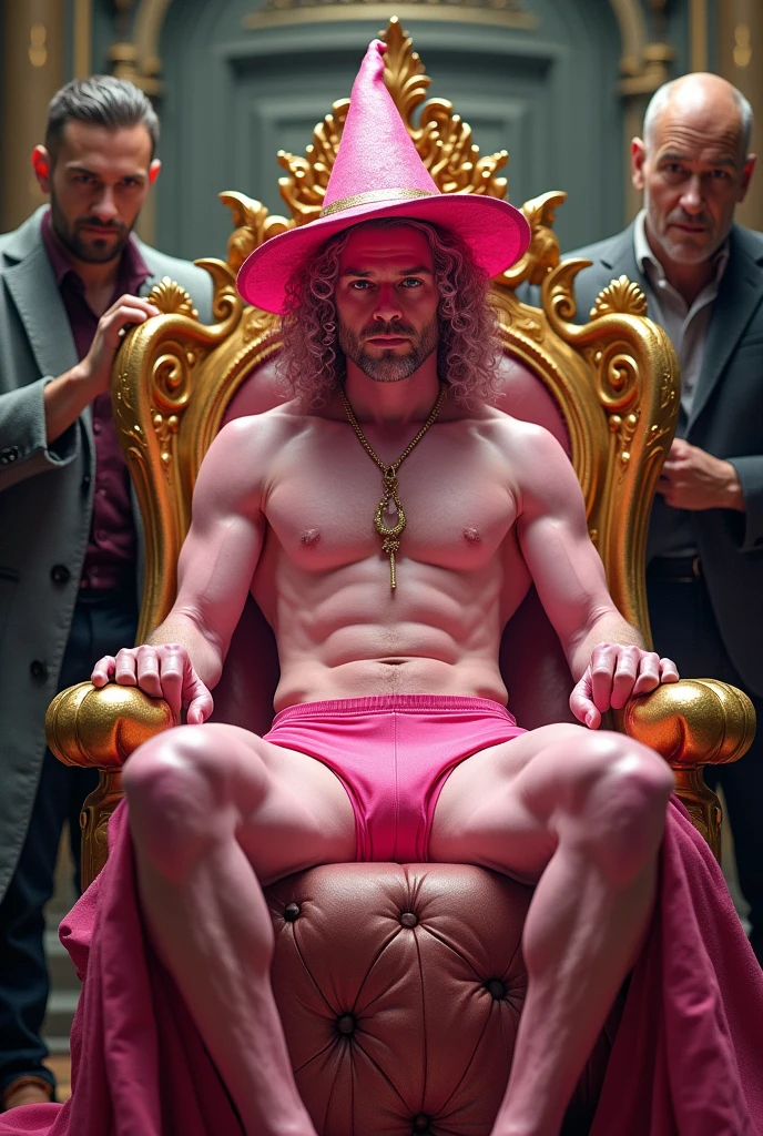 A man with pinkish white skin in pink underwear curly hair with a witch hat,
very handsome sitting on a golden throne with two other men at his side