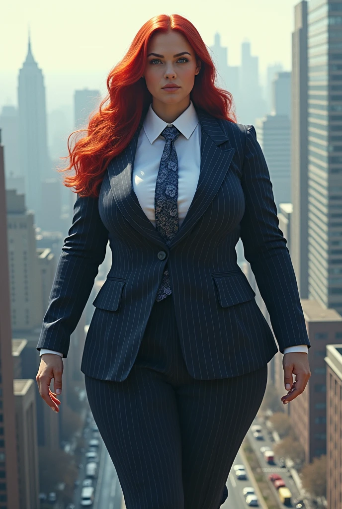 Giantess, larger than a city, big breasts, long red hair, navy pinstriped suit, white shirt, wide dar blue Paisley tie, Windsor knot, whole body view, rounded court heels.