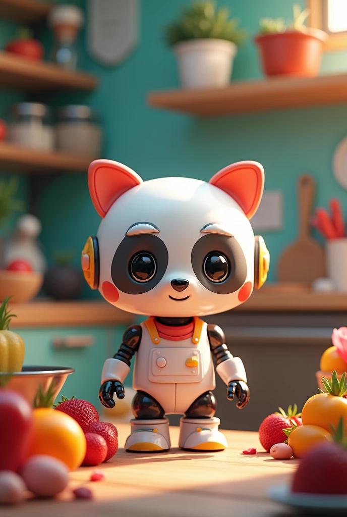 A gastronomy robot, let it be for coloring, Beautiful... His name is REMYBOT, let it be small, in the shape of a panda or raccoon and be cute