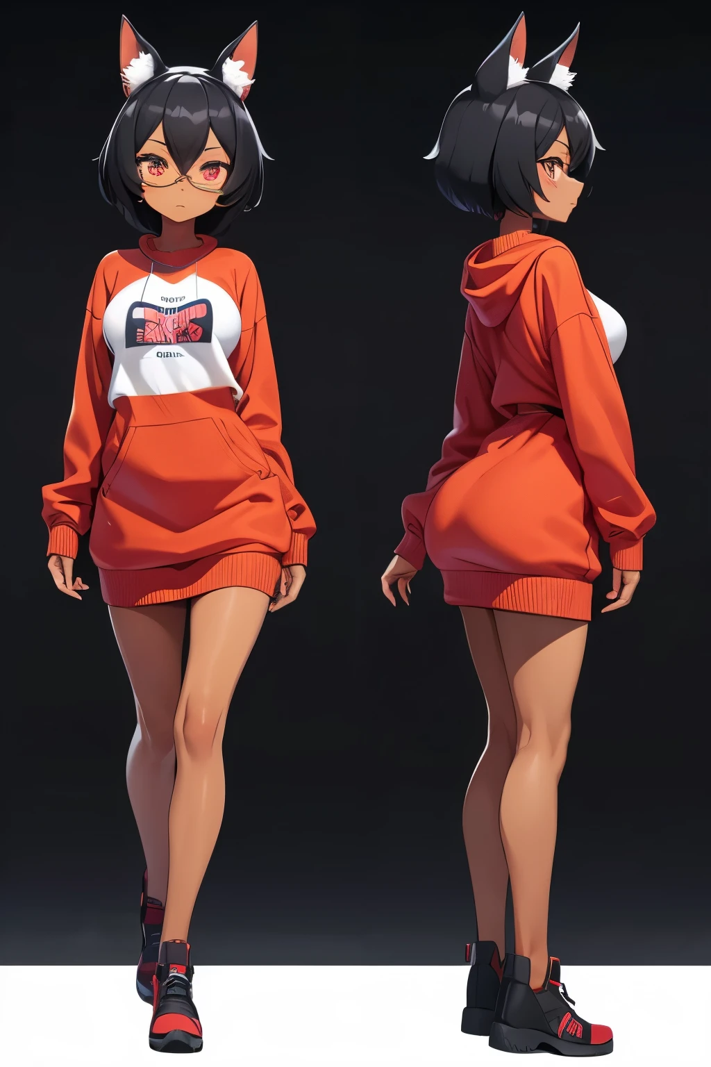 Small BLACK Anime Girl, Pinscher Ears, Priority BASE IMAGE ID cojuqrde878c73afvn20, DETAILED IMAGE, Small Black Hair, full body, big breasts, clothing old white sweatshirt with a random number tag, bad expression