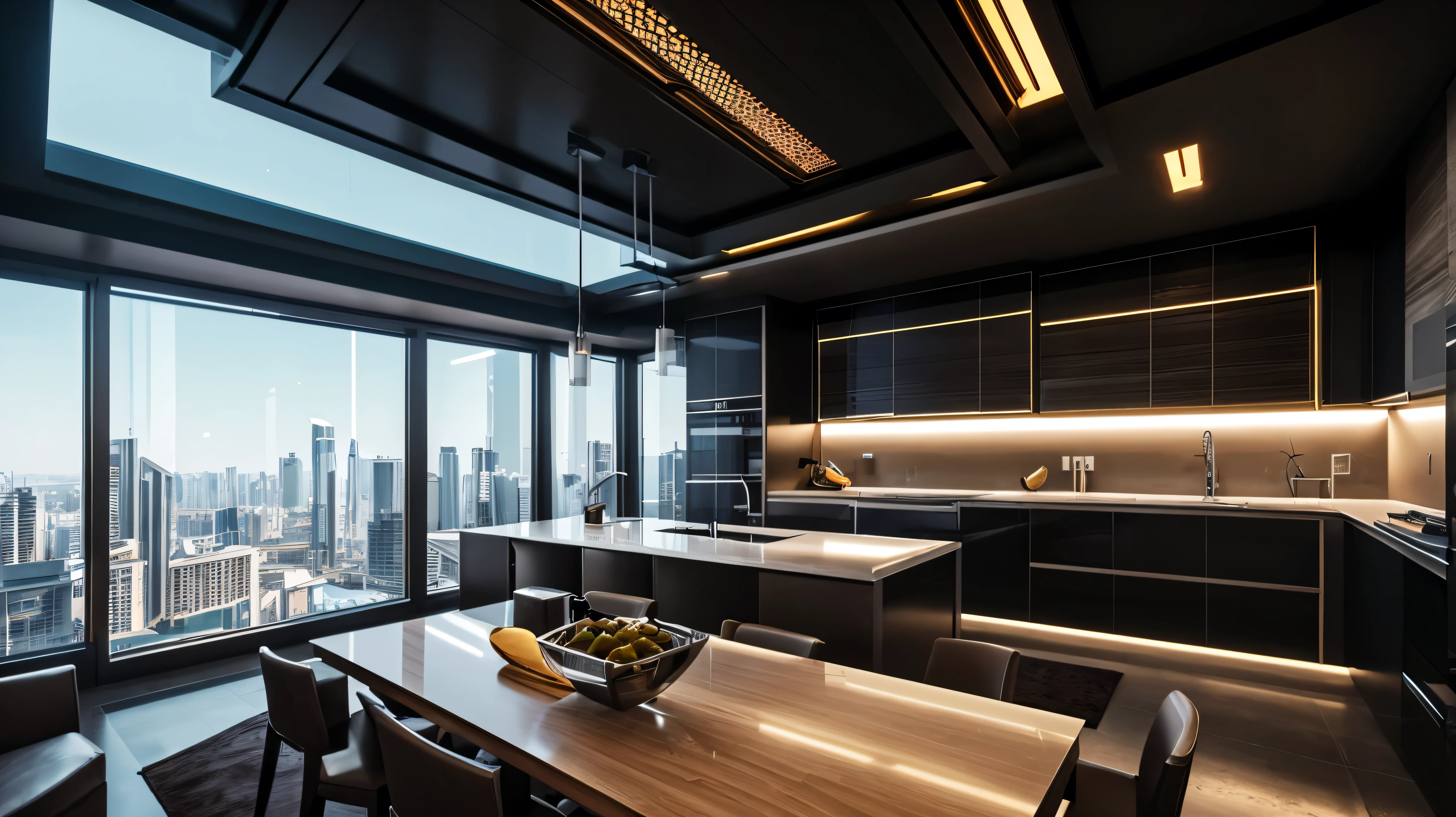 scifi, architectual, cyberpunk, futuristic, luxury kitchen, hightech, hard-surface design, daylight, much space, very cozy, ambient light, realistic view, wide angle, year 2124