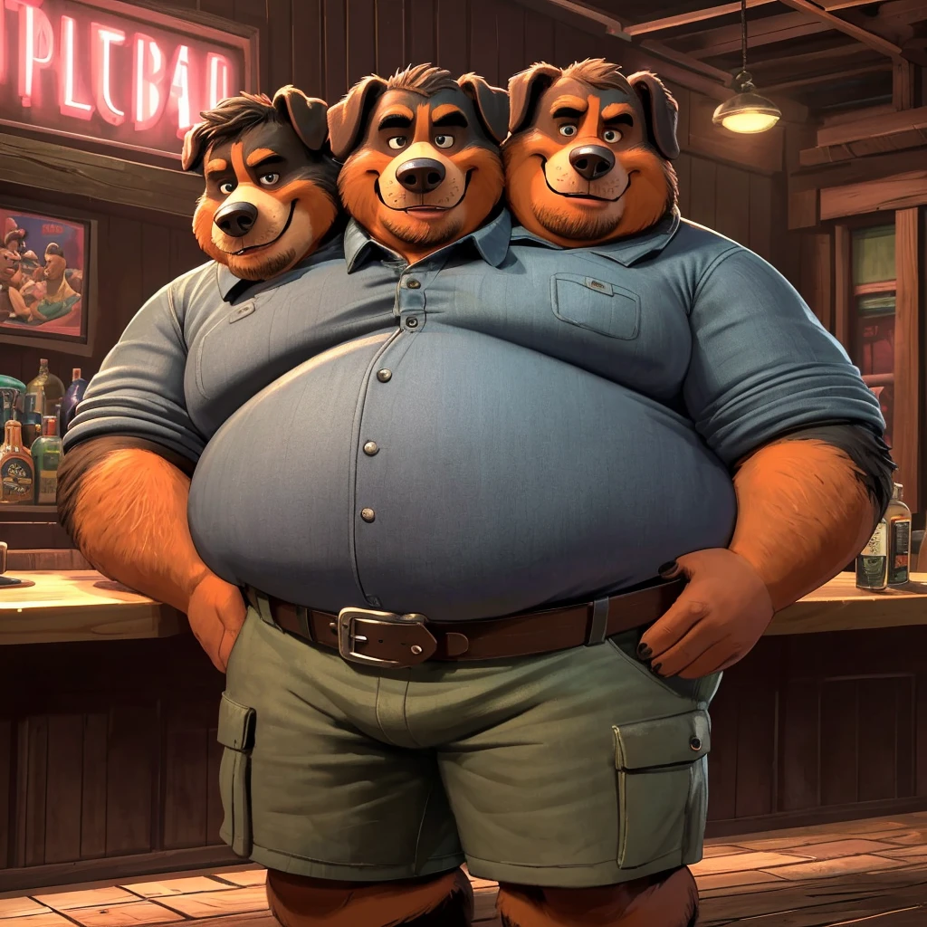 solo, welsh corgi, twins, 60 year old male, bored expressions, three identical heads attached to the same body, welsh corgi ears, bald, red fur, masculine, three necks, eyes, adult, male, (stylized 3d, by disney, by rembrandt), by pixar:1.1, by dramamine, (hairy, ugly, overweight, fat, obese), dadbod, stubble, study background, (nude, small flaccid penis, testicles, navel, male nipples), correct hands, correct anatomy, (ultradetailed, best quality, detailed masterpiece, highly detailed masterpiece, 4k, professional cartoon:1.7), (natural pose, lazy pose, sitting at computer, keyboard), ((hand on penis:1.3))